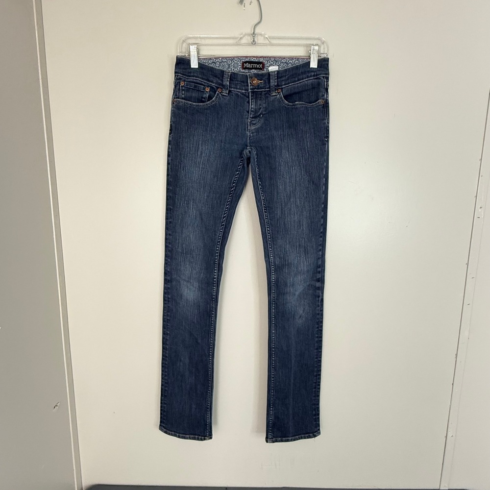 Marmot Jeans Womens 4 Dark Wash Slim Straight Leg Embroidered Gorpcore Denim - Picture 2 of 7